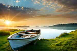 il barca su il lago a tramonto. ai-generato foto