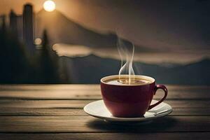 un' tazza di caffè su un' di legno tavolo con un' Visualizza di il montagne. ai-generato foto