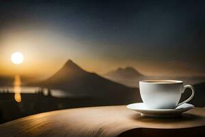 caffè tazza su il tavolo con montagne nel il sfondo. ai-generato foto