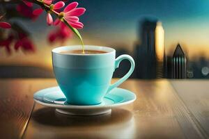 il caffè tazza e piattino siamo su un' di legno tavolo con un' paesaggio urbano nel il sfondo. ai-generato foto