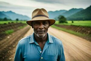 un africano uomo nel un' cappello in piedi su un' sporco strada. ai-generato foto