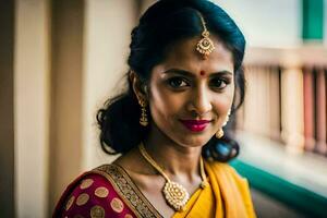 un' bellissimo indiano sposa nel un' giallo sari. ai-generato foto