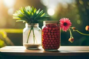 Due barattoli con rosso frutti di bosco e un' fiore. ai-generato foto