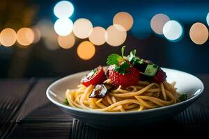 spaghetti con fragole e funghi. ai-generato foto