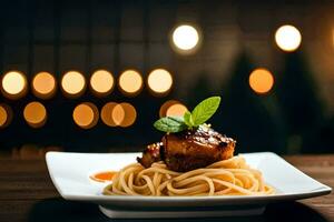 un' piatto di spaghetti con carne e salsa su un' di legno tavolo. ai-generato foto
