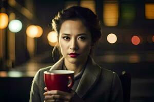un' donna Tenere un' rosso tazza nel davanti di un' illuminato sfondo. ai-generato foto