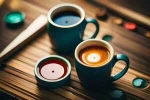 Due tazze di caffè su un' di legno tavolo. ai-generato foto