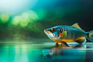 un' pesce è in piedi su il acqua con un' verde sfondo. ai-generato foto