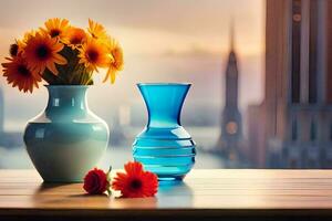 un' blu vaso con fiori e un' vaso con fiori. ai-generato foto