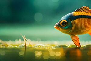 un' pesce è in piedi nel il acqua con un' verde sfondo. ai-generato foto