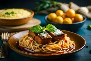 spaghetti con carne e salsa su un' di legno tavolo. ai-generato foto