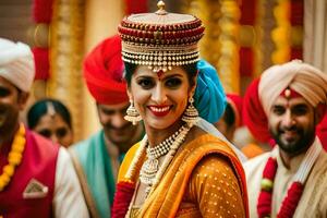 un' bellissimo indiano sposa nel tradizionale abbigliamento. ai-generato foto
