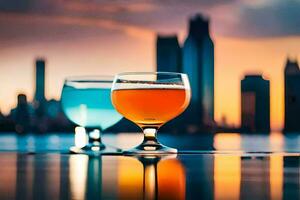 Due bicchieri di birra su un' tavolo nel davanti di un' città orizzonte. ai-generato foto