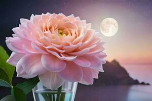 un' rosa fiore nel un' bicchiere vaso con il Luna nel il sfondo. ai-generato foto