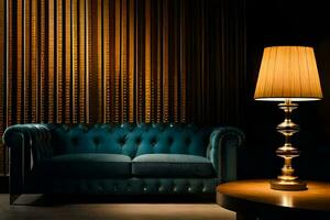 un' blu divano e lampada nel un' buio camera. ai-generato foto