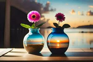 Due vasi con fiori seduta su un' tavolo con un' tramonto nel il sfondo. ai-generato foto