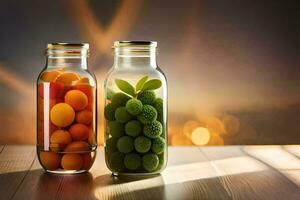 Due bicchiere barattoli pieno con frutta e verdure. ai-generato foto