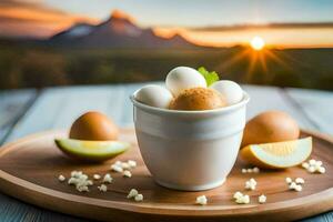 uova nel un' tazza con Limone fette e un' montagna nel il sfondo. ai-generato foto