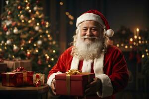 sorridente Santa Claus o santo Nicholas con regalo scatola su vacanza sfondo. allegro Natale e contento nuovo anno. ai generativo foto