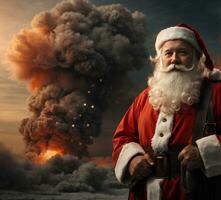 Santa Claus contro il fondale di nucleare esplosione o razzo esplosione. Natale e nuovo anno vacanze nel un' nazione dove Là è guerra. ai generativo foto