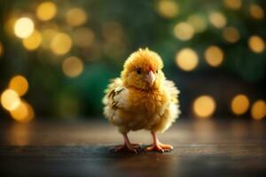 poco giallo bambino pulcino su sfocato bokeh sfondo. concetto contento Pasqua giorno. ai generativo foto