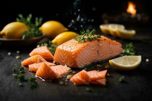 fresco salmone filetto con Limone, erbe aromatiche e spezie su un' nero sfondo. commerciale promozionale cibo foto. ai generativo foto