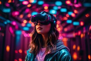 giovane donna indossare virtuale la realtà occhiali nel il neon colorato notte città. futuro tecnologia concetto. ai generativo foto