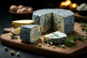 blu formaggio con erbe aromatiche su un' di legno taglio tavola su nero sfondo. commerciale promozionale cibo foto. ai generativo foto