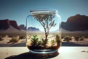 impianti in crescita nel bicchiere vaso con deserto sfondo. concetto di ambientale conservazione e ecologia. terra giorno. ai generativo foto