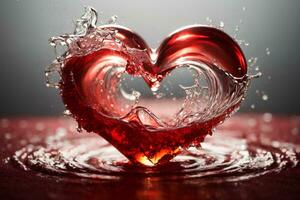 cuore fatto di acqua spruzzi e gocce su rosso sfondo. amore concetto. San Valentino giorno. ai generativo foto