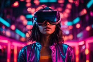 giovane donna indossare virtuale la realtà occhiali nel il neon colorato notte città. futuro tecnologia concetto. ai generativo foto