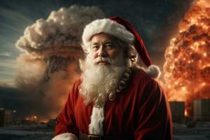 Santa Claus contro il fondale di nucleare esplosione o razzo esplosione. Natale e nuovo anno vacanze nel un' nazione dove Là è guerra. ai generativo foto