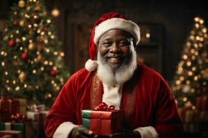 sorridente africano americano Santa Claus con regalo scatola su vacanza sfondo. allegro Natale e contento nuovo anno. ai generativo foto