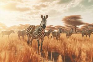 gratuito foto mandria di zebre in piedi monocromatico su il savana campo generativo ai