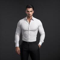 elegante moda in posa nel inverno vestito camicia o pantaloni elegante, generativo ai foto