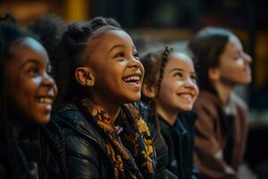 bambini provando per un' scuola giocare bonding al di sopra di loro condivisa amore per il palcoscenico foto