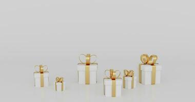 3d rendere Immagine illustrazione di bianca regalo scatola d'oro nastro per celebrazione su speciale giorno felice vacanza decorazione sorpresa carta.concetto dare Imballaggio amore idea.matrimonio moderno lusso minimalista. foto