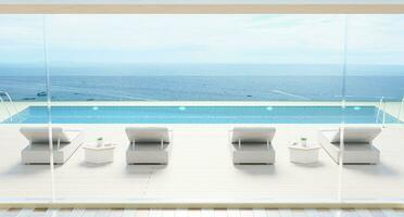 lusso spiaggia Casa con mare Visualizza nuoto piscina e terrazza moderno disegno, lettino sala sedie su ponte a vacanza casa o Hotel . 3d resa. illustrazione di estate vacanza piscina villa esterno foto