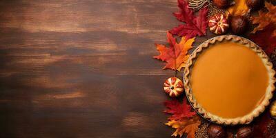 piatto posare zucca torta, autunno le foglie con posto per testo. ringraziamento carta sfondo. foto