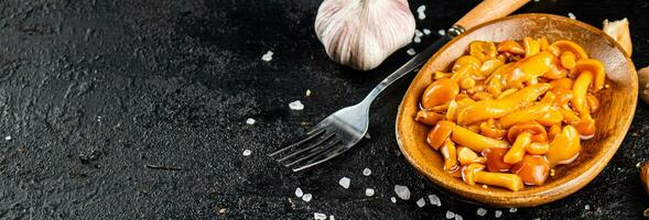 marinato funghi su un' piatto con aglio e sale. foto
