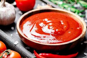 pomodoro salsa su un' taglio tavola con rosso Pepe, aglio e rosmarino. foto