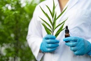 Scienziato di medici che tiene una bottiglia di prodotto vegetale a base di olio di erbe foto
