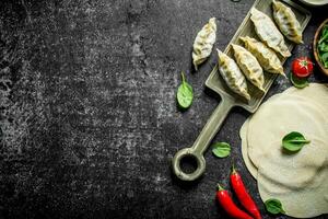 preparazione crudo gedza Ravioli con spinaci e chili Pepe. foto