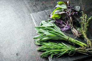 fresco erbe aromatiche. salvia, timo, rosmarino e basilico su un' pietra tavola. foto