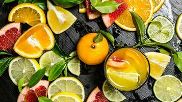 il succo a partire dal agrume frutta - Uva, arancia, mandarino, Limone, lime nel il bicchiere. foto