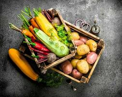 biologico cibo. fresco raccogliere di verdure nel un vecchio scatola. foto