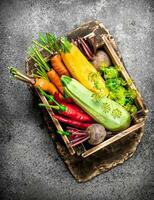 biologico cibo. fresco raccogliere di verdure nel un vecchio scatola. foto