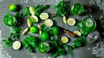 grande tavolo con ingredienti per fabbricazione Mojito - lime, menta foglie, Rum, zucchero e agrume coltello. il pietra tavolo . foto