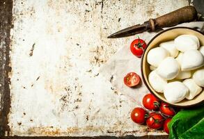 fresco Mozzarella con pomodori e verdi. foto