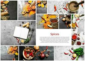 cibo collage di indiano Spezia e erba. foto